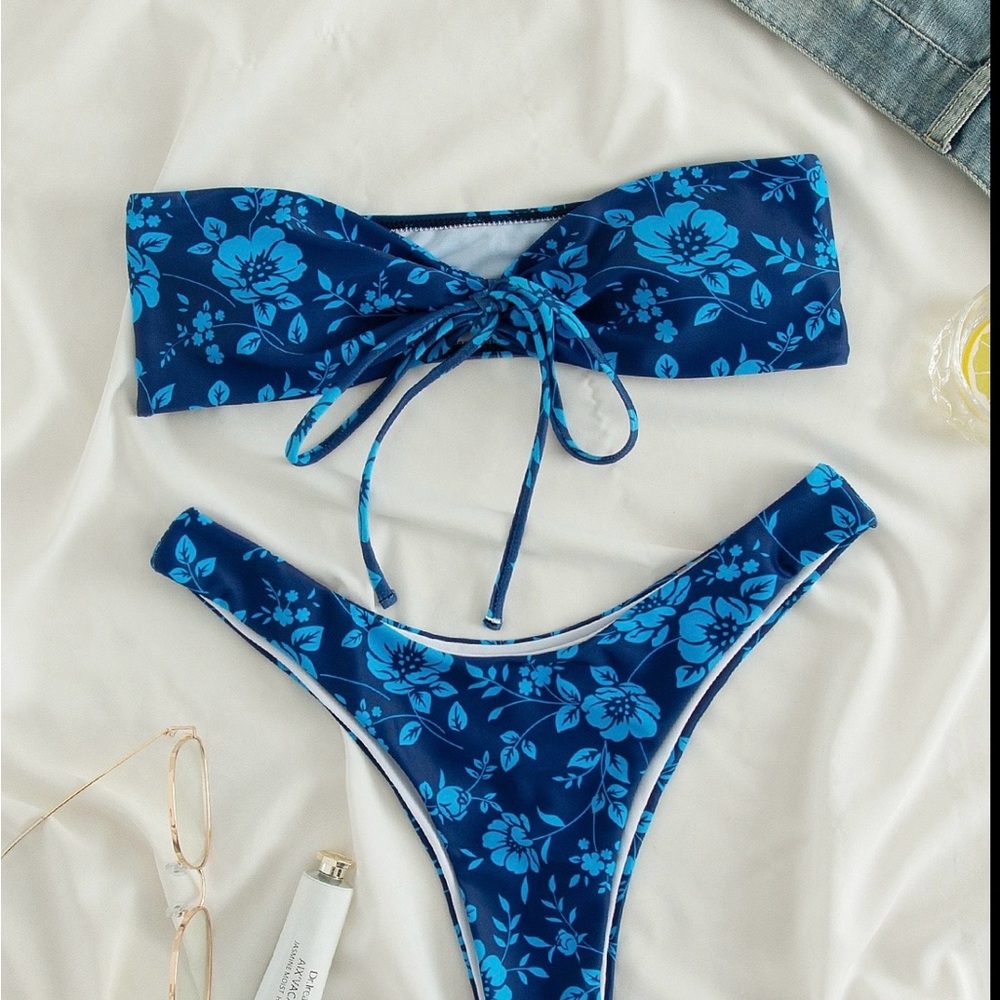 Blue Floral Bandeau Bikini Set